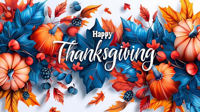 Vibrant autumn leaves and pumpkins with happy thanksgiving message artfully designed