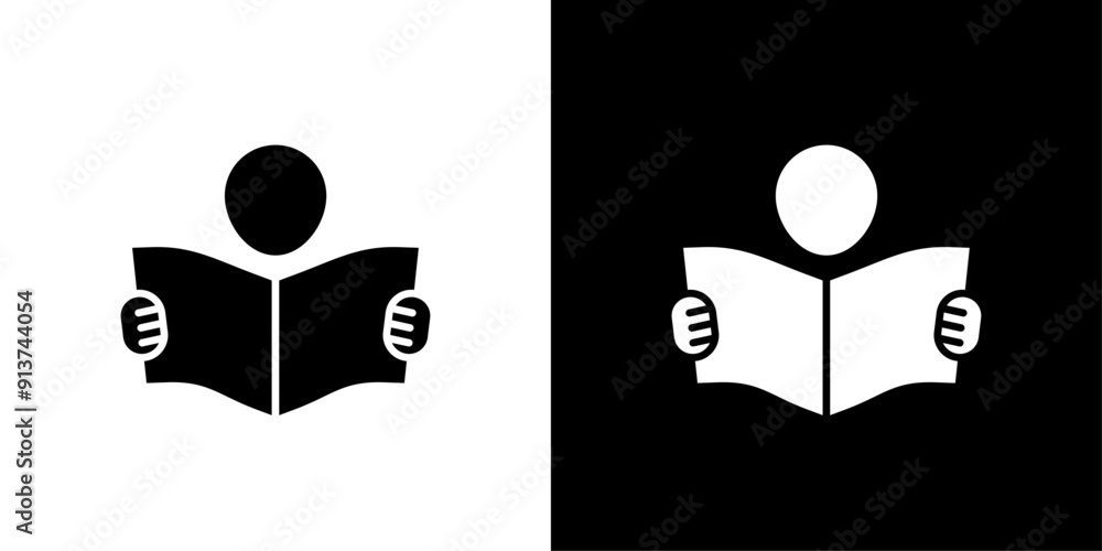 Poster book open reader icon flat vector set outline