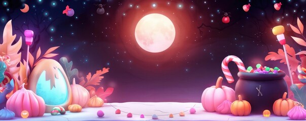 Fototapeta premium Podium illuminated by moonlight, cauldron and candy, enchanting Halloween scene, Watercolor style