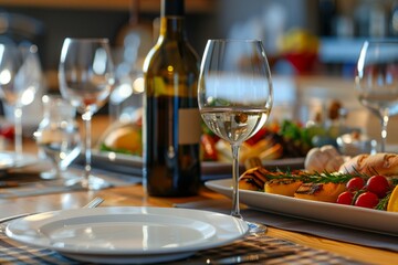 Fototapeta premium Dinner table with white wine, fresh produce