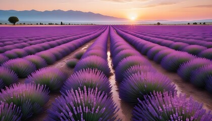 Obraz premium Expansive lavender field at sunset, with rows of vibrant lavender plants bathed in warm, golden light, creating a stunning and tranquil scene.