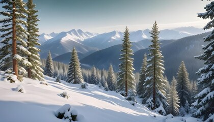Fototapeta premium Beautiful winter mountain landscape with snow-covered peaks and trees, showcasing a serene and majestic scene of nature's winter beauty.