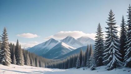 Fototapeta premium Mountain panorama on a winter day with snow-covered peaks, captured with a wide-angle lens in bright daylight. Showcasing a breathtaking and serene alpine scene.