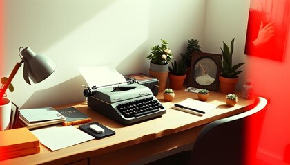 Fototapeta premium Office featuring a vintage typewriter, captured with a standard lens in soft indoor light. Showcasing a classic and nostalgic workspace. 