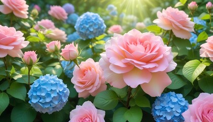 Fototapeta premium Close-up of beautiful flowers growing in a park, captured with a macro lens in soft daylight. Showcasing a vibrant and detailed floral scene