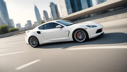 Fototapeta premium Sporty car speeding along a highway, captured with a standard lens in dynamic motion. Showcasing a high-energy and sleek automotive scene.