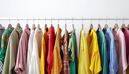 Dry-cleaning service. Many different clothes hanging on rack against white background, space for text