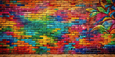 Graffiti-covered brick wall with vibrant colors , urban, street art, spray paint, vandalism, creativity, mural, grunge