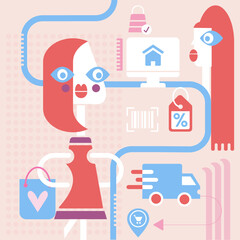 Abstract online shopping concept. Flat illustration. Shopping story with women, delivery van, and computer. Red and light blue color combination.