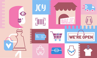 Set of modern shopping elements. Flat design illustration with squares in pink and blue colors. Woman shopping concept.