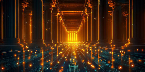 Obraz premium Holographic projection of a classical building in a futuristic digital space, with a vibrant blue and black background, embodying a concept of innovation