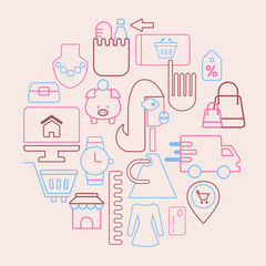 Shopping elements in a circle. Set of modern and graphic elements for retail with girls and objects. Pink, brown, and blue color combination. Outline elements.