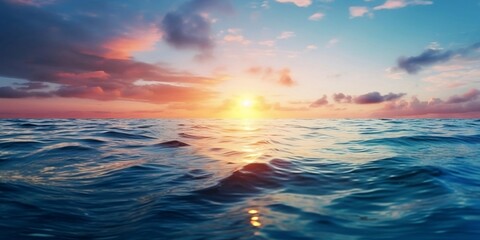 Obraz premium Spectacular abstract image of a scenic calm ocean, sunrise sky reflecting in the water. Sunset and natural. AI generative