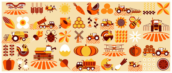Autumn pattern related to farm, farming, gardening, smart farm, farm birds, sowing. Mosaic style. Simple geometric shapes. Background of grain, poultry, beekeeping, agricultural machinery, vegetables.