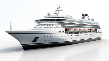White cruise ship with lifeboats on white background. Perfect for travel brochures, cruise advertisements, and vacation websites. Ideal for tourism industry.