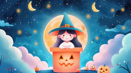 Naklejka premium Cute witch on moonlit podium, stars twinkling above, enchanting Halloween scene, Watercolor style