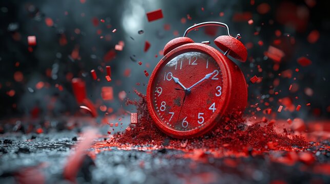Red Alarm Clock Exploding in Dust Cloud