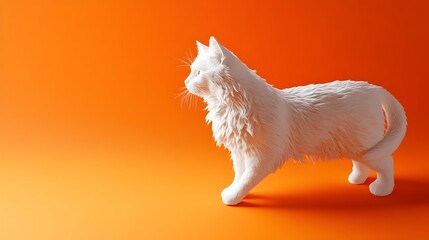 Fluffy White Maine Coon Cat Posing on Vibrant Orange Studio Background