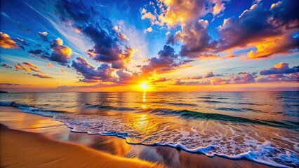 Fototapeta premium Scenic sunrise over the tranquil seaside, vibrant colors illuminate the horizon , sunrise, scenic