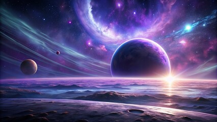 Surreal futuristic space scene with a purple planet , space, futuristic, surreal,purple, planet,...