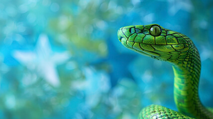 Obraz premium A green wriggling beautiful snake on a blue background