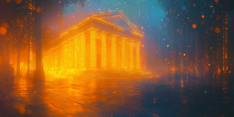 Holographic projection of a classical building in a futuristic digital space, with a vibrant blue and black background, embodying a concept of innovation