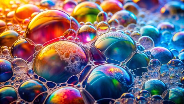 Close-up of colorful bubbles and foam created by sodium laureth sulfate