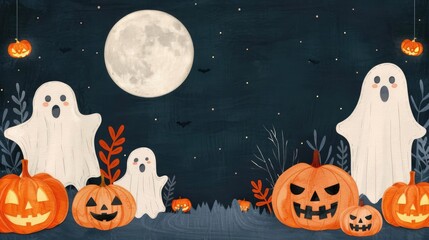 Halloween podium, pumpkins and playful ghosts, mystical moonlight, cute spooky ambiance, Watercolor style