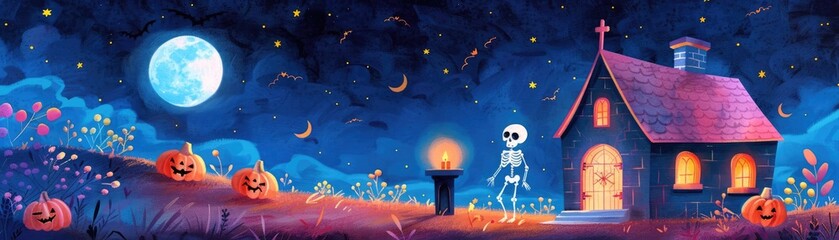 Naklejka premium Haunted house, skeleton near podium, moonlit night, cute spooky Halloween theme, Watercolor style