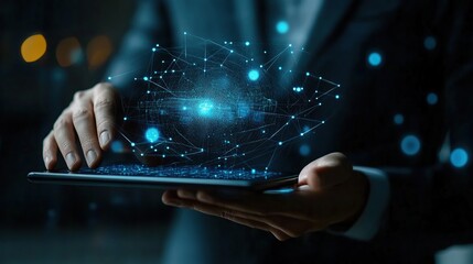 Businessman holding tablet with hologram glowing digital network connection to global data for concept business technology.