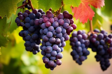 Naklejka premium Close-up of plump, purple grapes on the vine, symbolizing a bountiful harvest season