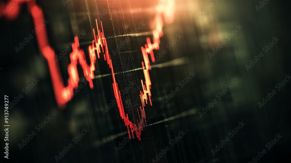 Poster abstract image of a fluctuating stock market graph with red lines on a dark background, symbolizing 