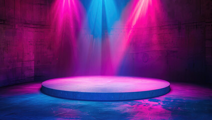 Obraz premium empty round podium stage for display background with colorful spotlights and smoke 