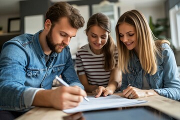 Sealing the Deal: A young couple beams with excitement as they finalize a contract with their agent, marking a significant milestone in their lives, possibly a new home or investment. 