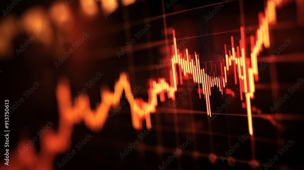 Poster close-up view of a stock market graph in red, showcasing the fluctuating patterns of financial tradi