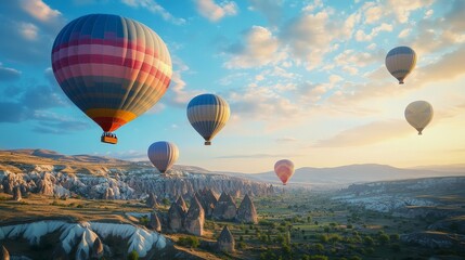 Fototapeta premium Colorful hot air balloons float over a scenic landscape during sunset, creating a picturesque and serene atmosphere in the sky.