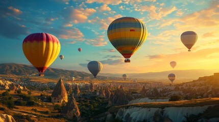 Fototapeta premium Colorful hot air balloons soar over Cappadocia at sunrise, creating a stunning and serene view of the unique rock formations.