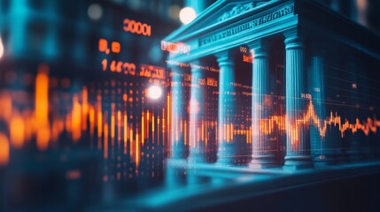 Digital financial market data overlaying classical building, representing the fusion of traditional and modern banking technologies.