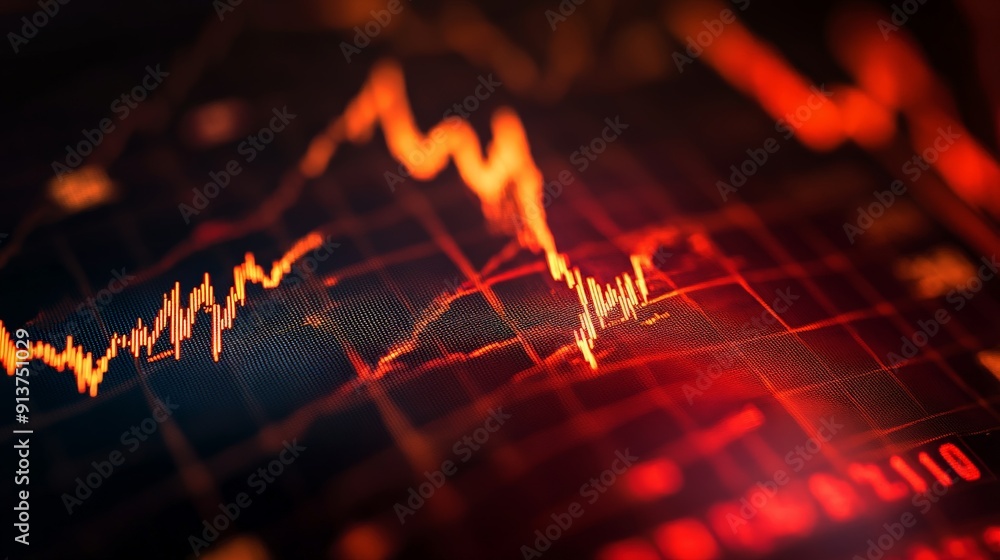 Poster dynamic stock market graph illustrating fluctuations and trends in financial trading with red and or