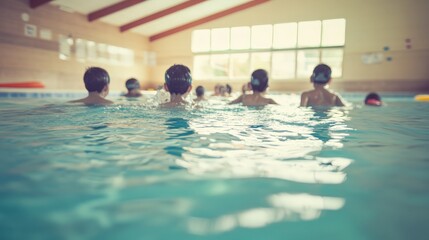 Obraz premium Group of swimmers practicing in an indoor pool with large windows allowing natural light, water safety, and teamwork concept.