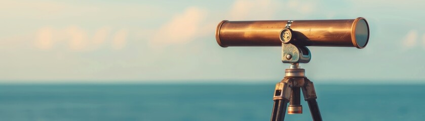 Vintage telescope on a tripod by the seaside, offering a stunning view of the ocean horizon under a clear sky.
