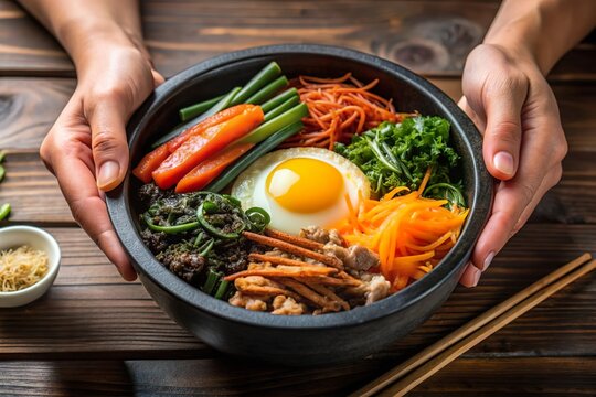 hand hold korean bibimbap in bowl with fried egg and vegetable