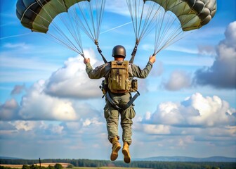 military paratrooper solider fly in the air with parachute