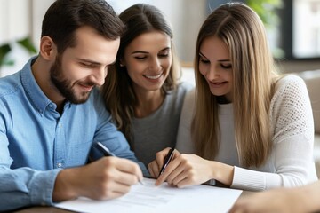 Happy Couple Signing a Contract: A joyful couple signs a document together, symbolizing a new beginning and shared commitment. Their smiles and intimate posture radiate love and trust. The image exude