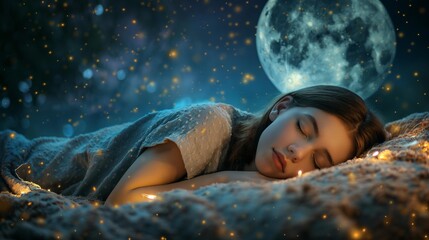 Sleeping Woman Under a Starry Night Sky With a Crescent Moon