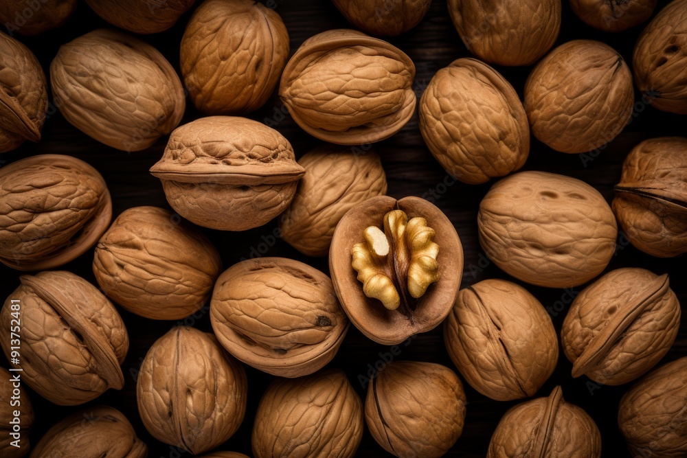 Poster top view of shelled and unshelled walnuts neatly arranged on a rustic wooden background