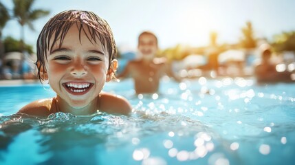 Smiling child enjoying a sunny day in the swimming pool, with blurred background and sparkling water.