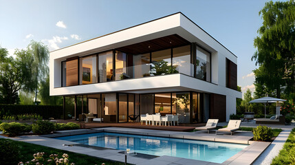 Modern White House with Pool and Patio - 3D Illustration