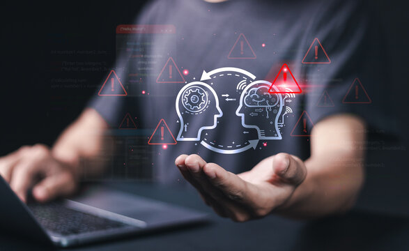 Problem and Ai error warning concept. automatic warning system for notification error and maintenance. Person using laptop with artificial Intelligence technology system error detected.