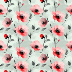 watercolor pattern of light gray and red poppy flowers, small leaves in the style of black on a pastel green background, seamless pattern